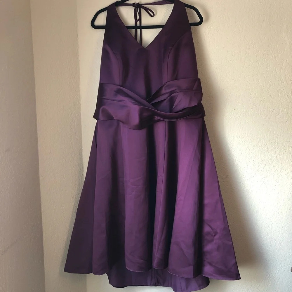 Alfred Angelo 22W Bridesmaid Dama Midi Dress Grape Dark Purple Halter Top HOCO